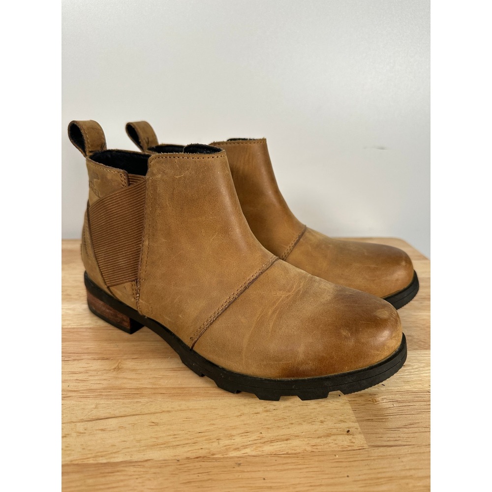 Sorel Emelie Chelsea Waterproof Tan Brown Leather Ankle‎ Boots Gorpcore Womens 6